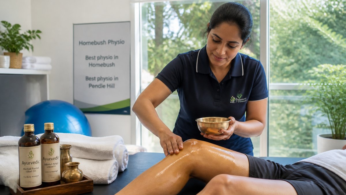 A physiotherapist in a bright treatment room warming a small bowl of herbal oil before applying it to a client's knee, clean towels folded nearby