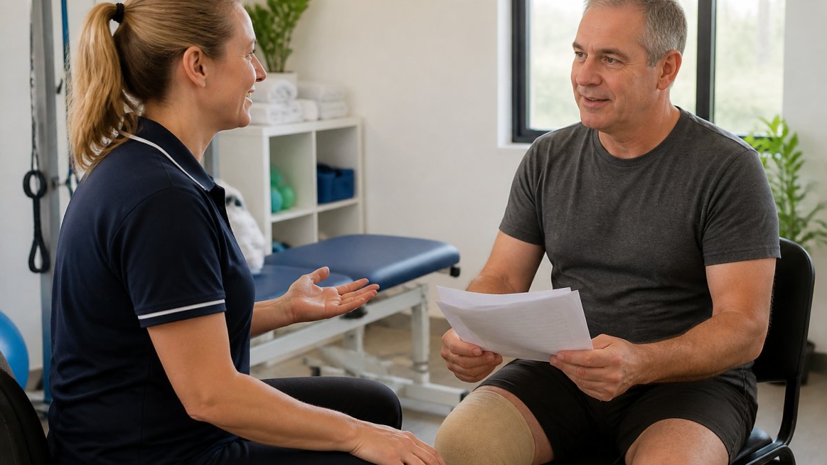 A physiotherapist in a bright clinic room explaining a treatment plan to a seated patient who is holding a medical certificate and paperwork, with a treatment bed and exercise equipment visible in the background